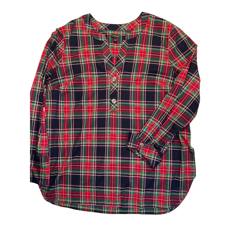 Talbots Dashing Plaid Band Collar Tunic Red Green Jewel Button Popover Large - Picture 4 of 9